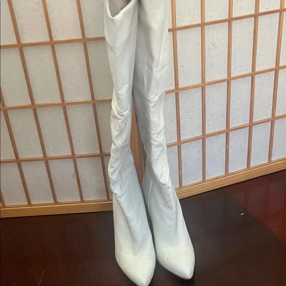 White Leather At-the-Knee Stiletto Boots